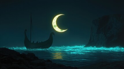 Viking Longboat Under Moonlight: A Viking longboat sails serenely across a moonlit sea, framed by dark cliffs, as a crescent moon glows overhead.
