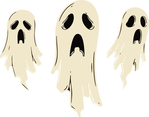 Ghosts spooky halloween characters with scared expressions floating in white background vector illustration