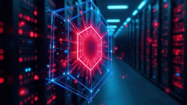 A digital representation of a hexagonal shape with glowing red and blue lines, set against a backdrop of server racks in a data center. The scene conveys technology and innovation.