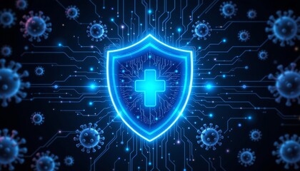 a stylized digital illustration showcasing a central shield emblem, surrounded by various technological motifs including circuit patterns, holographic representations of cells and molecules