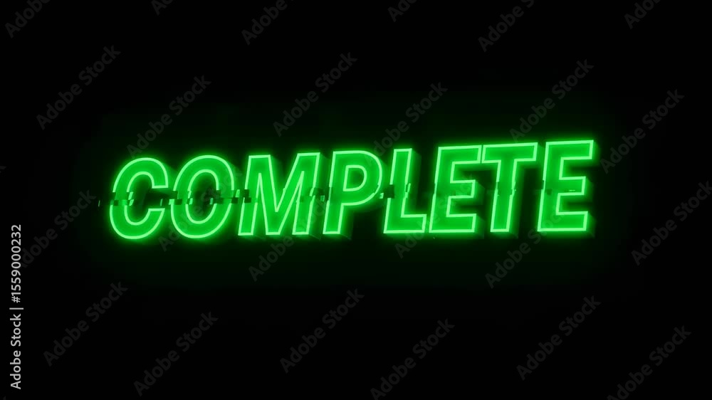 Poster green glowing complete text with digital glitch effect. futuristic digital display showing success m
