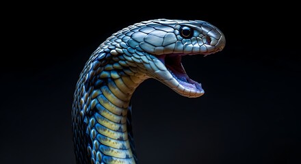 Close-up portrait of a striking blue cobra, its hood expanded, mouth open, against a dark background.