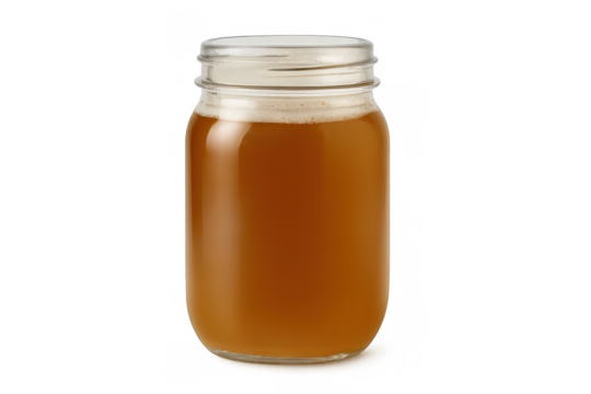 Glass jar containing bone broth, isolated on transparent background, ready for integration into food and beverage projects