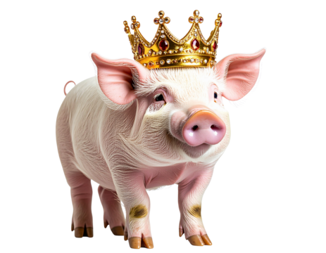  Smiling Pig Wearing Royal Crown and Sparkling Eyes, isolated on transparent background PNG