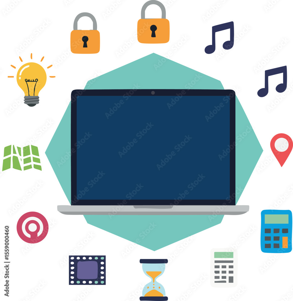 Poster laptop computer surrounded by digital icons for technology and multimedia concepts vector illustrati