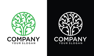 Crteative Circle tree logo icon template design. Round garden plant natural line symbol. Green branch with leaves business sign. Vector illustration.