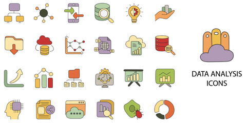 Data Analysis simple concept 24 hand drawn color icons set .Vector illustration.	
