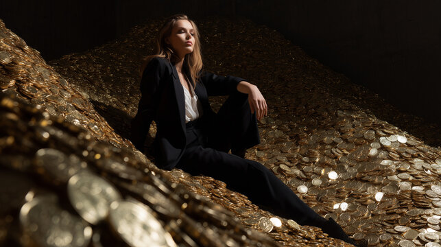 Powerful Woman on Gold Coins: Sophisticated Executive in Sharp Business Attire, Symbolizing Modern Financial Success and Abundance.