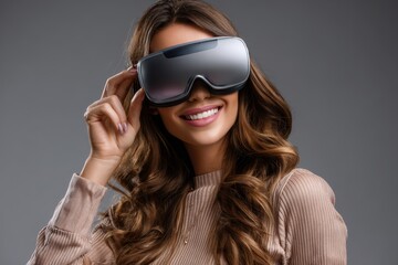Fototapeta premium Woman wearing virtual reality glasses smiles while exploring digital worlds in a modern studio setting