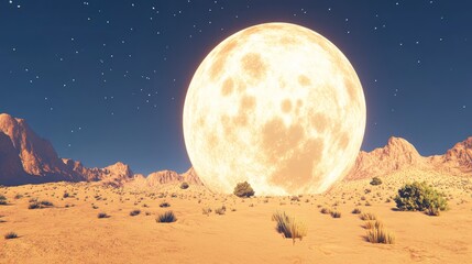 Fototapeta premium Surreal Desert Landscape with Enormous Moon and Starry Sky, Dreamlike Scene