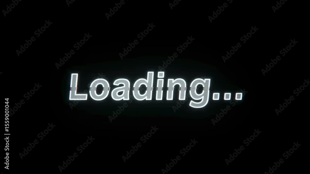 Poster white loading text with data glitch effect on black screen for digital technology and internet conce
