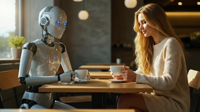 A lifelike android robot having coffee with a young woman in a cafe. Humanoid AI assistant meeting customer in a public place footage.