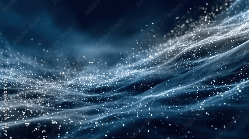 Poster flowing particles create a mesmerizing visual effect against a dark blue backdrop, showcasing light 