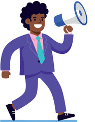 Businessman in purple suit walking and holding megaphone for announcement or marketing vector illustration