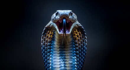 Close-up of a cobra snake displaying its open mouth and fangs.