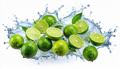 Fresh whole and halved limes splashing in clear water against a white background, highlighting their vibrant green color and juicy texture.