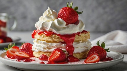 Delicious dessert featuring layers of whipped cream, strawberries, and strawberry sauce on a plate. Visually appealing and perfect for sweet treats.