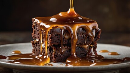 Obraz premium Decadent chocolate cake slice drizzled with rich caramel sauce, resting on a rustic plate.