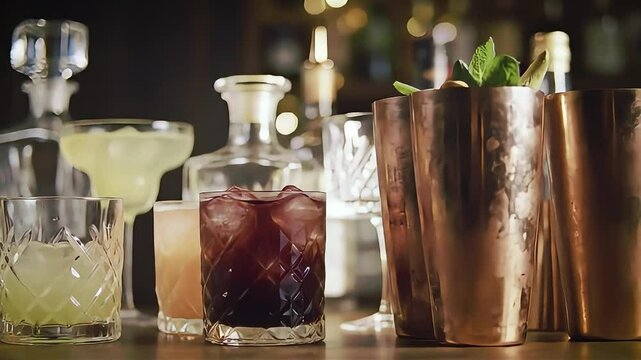 Assorted colorful cocktails on a bar with bokeh lights behind