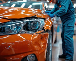 Car repair technician working on an orange vehicle with front-end damage in a workshop