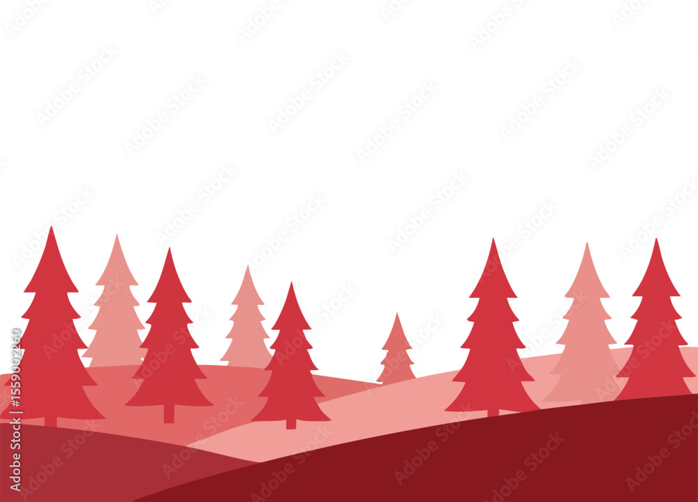 Poster red and pink stylized pine tree forest landscape vector with rolling hills and layered design elemen