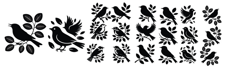 Small Birds Leaves Vector Silhouette Set, a collection of 20 high resolution black silhouette vector designs featuring small birds and tree leaves for nature themed creative projects