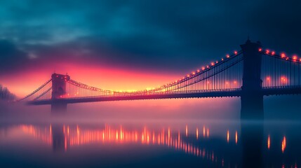 Fototapeta premium Epic Cityscape Sunrise over Foggy River and Suspension Bridge