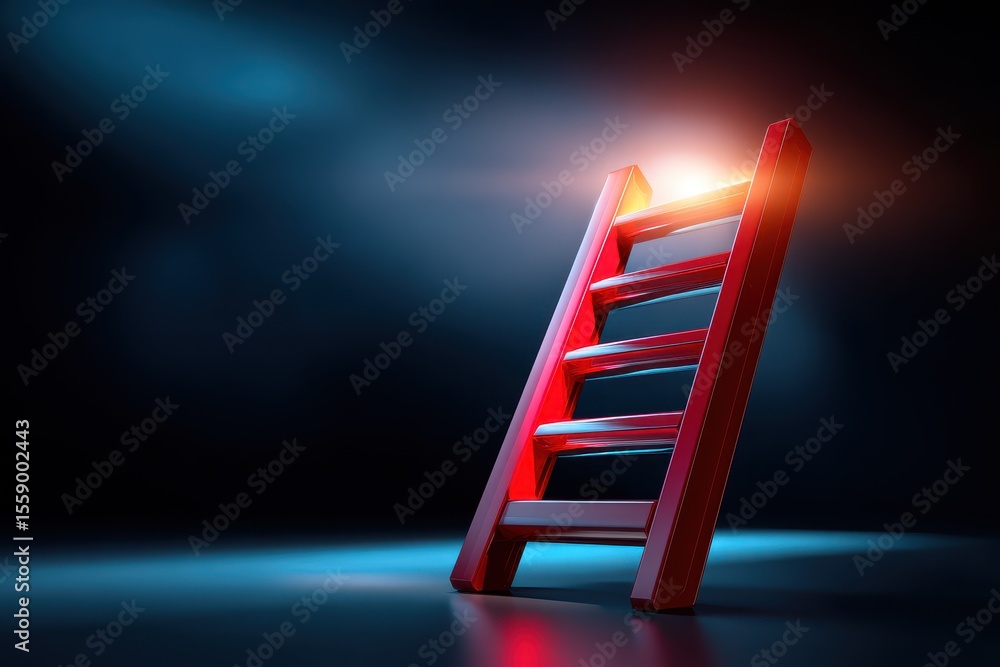Poster ladder standing alone in a dimly lit space with a soft glow highlighting its structure