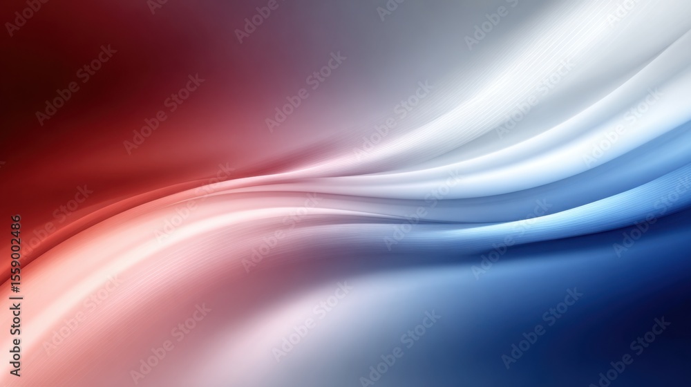 Poster dynamic waves of red, white, and blue flow across the surface, creating a vibrant abstract pattern. 