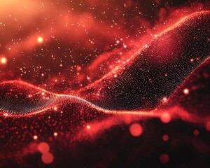 Abstract red glowing wave pattern with particles and light trails