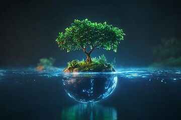 3 D rendering of a lush green tree on a small island floating on a stylized Earth half submerged in water