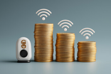 Signal transmitter Mast with stacked gold coins,determines expensive internet prices