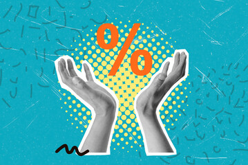 Hands raised in celebration with percentage symbol on turquoise background, showcasing success and...