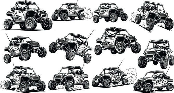 A dynamic collection of offroad utv vehicles are isolated on white background, ready for extreme sports and adventures