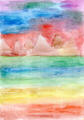 This watercolor work is done in a soft, washed-out manner, with color transitions that create a dreamy atmosphere. Horizontal stripes of different shades form a visual rainbow. 