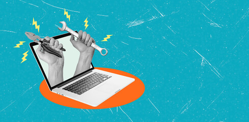 Hands holding tools emerge from a laptop screen to symbolize digital repair and technical support...