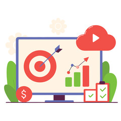 Obraz premium Digital marketing strategy with growth charts and target achievement on computer screen