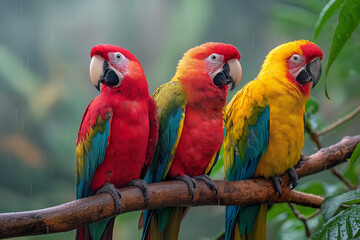 Fototapeta premium three colourfull parrots sitting on a branch in a tropical jungle