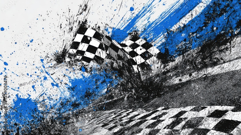 Poster at a lively motorsport event, dynamic checkered flags flutter in the wind against a backdrop of bold