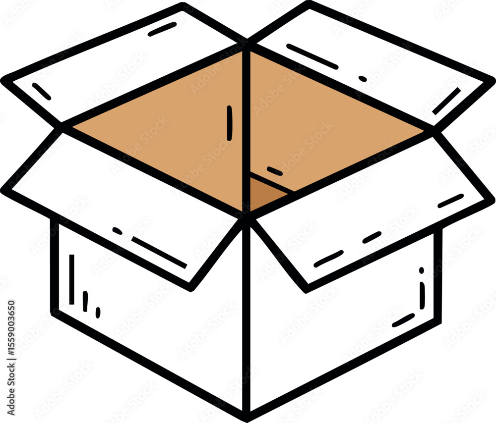 Poster open cardboard box with flaps unfolded simple line art style packaging container vector design