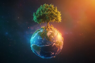 A single green tree grows from the top of planet Earth floating in a starry nebula with warm light nature