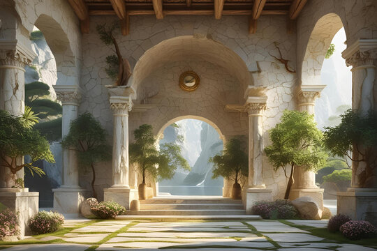 A tranquil ancient stone temple courtyard with arches overlooking a serene landscape. - Powered by Adobe