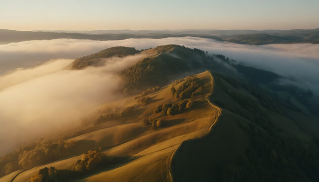 Golden Hour Mist: Ridge Above Valley Fog, Rolling Hills Landscape