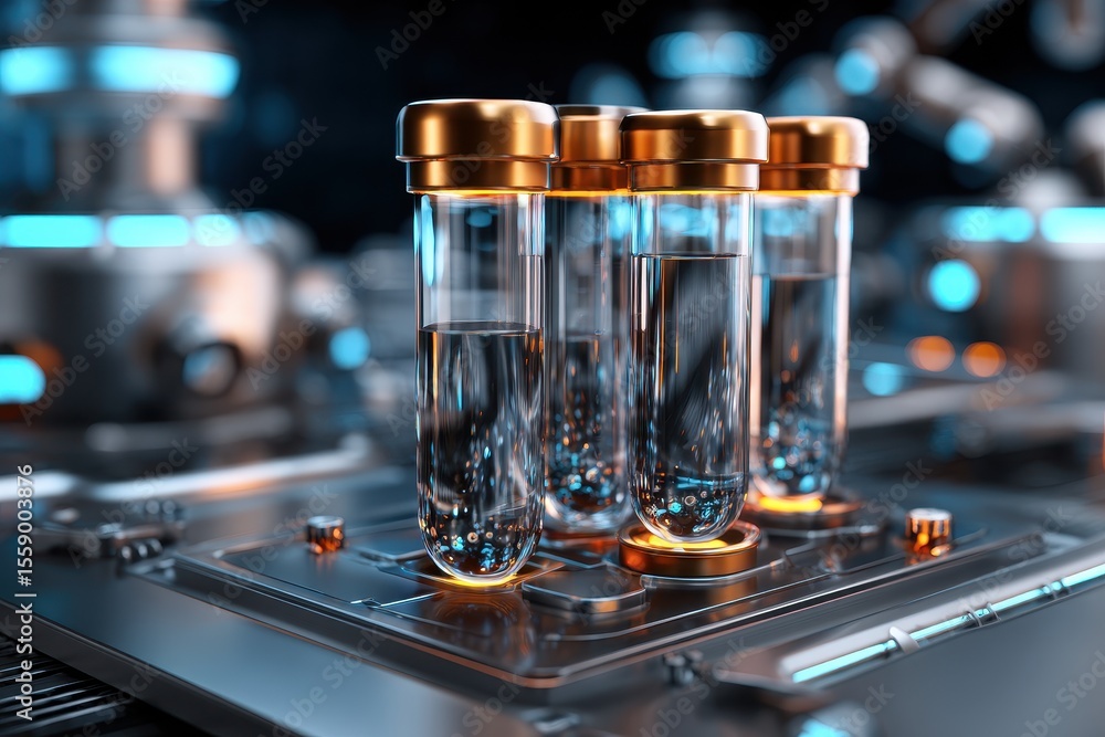 Poster laboratory setup with test tubes containing clear liquid in a futuristic environment showcasing adva