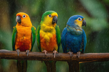Obraz premium three colourfull parrots sitting on a branch in a tropical jungle