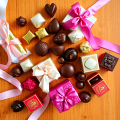 A delectable box of gourmet chocolate candies, a sweet and tasty dessert, presented as a delightful gift on a vibrant red background