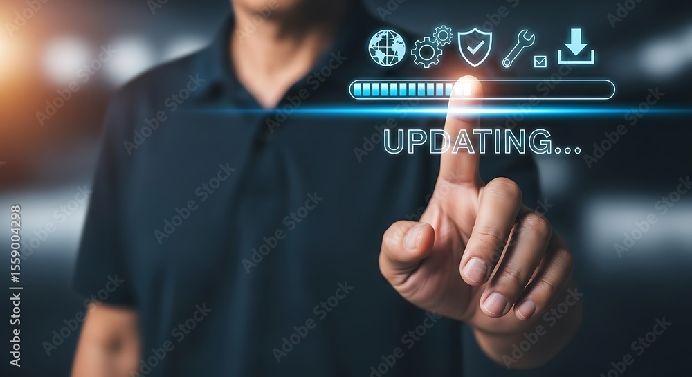 Aufkleber man touching digital interface with progress bar and icons finger screen