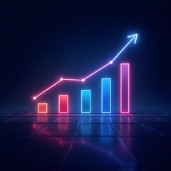 A digital art image shows a bar graph with an upward-pointing arrow, all rendered in a glowing blue hue against a dark background
