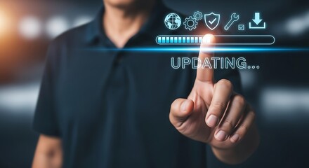 Man touching digital interface with progress bar and icons finger screen