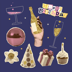 Set of birthday elements with glittering parts. Dotted halftone Collage paper cliparts in pop art style. Retro Hand with champagne bottle, cupcake with candle, mirror ball, holiday cap. Vector design